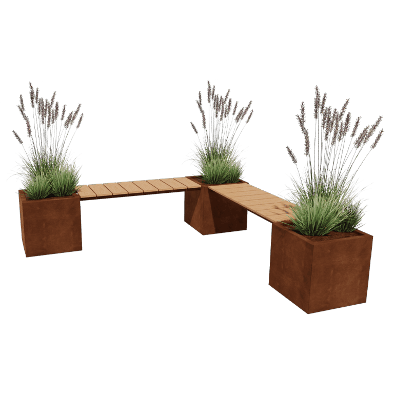 Corten-teräksinen istutuslaatikko - Neliönmuotoiset - Kulma-asettelu - 221,2 x 221,2 x 50 cm - Penkillä