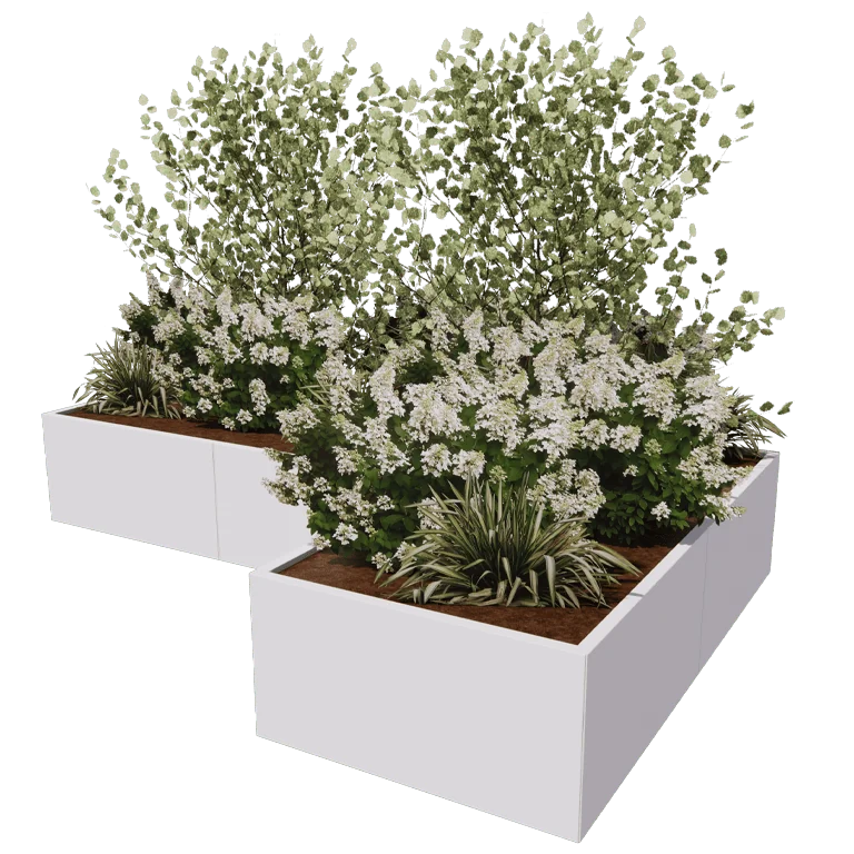 Teräksinen istutuslaatikko - L-muotoinen - 300 x 200 x 100 cm - RAL9005 matta (musta) - Ilman pohjalevyä