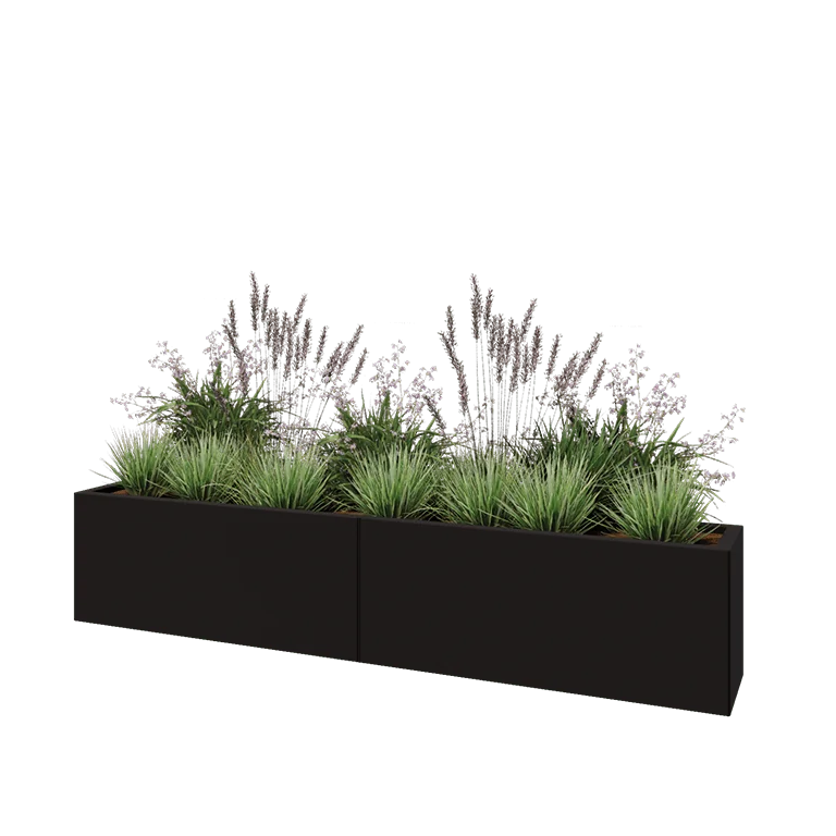 Teräksinen istutuslaatikko XXL - Suorakaiteen muotoiset - 200 x 30 x 40 cm - RAL9005 matta (musta) - Pohjalevyllä