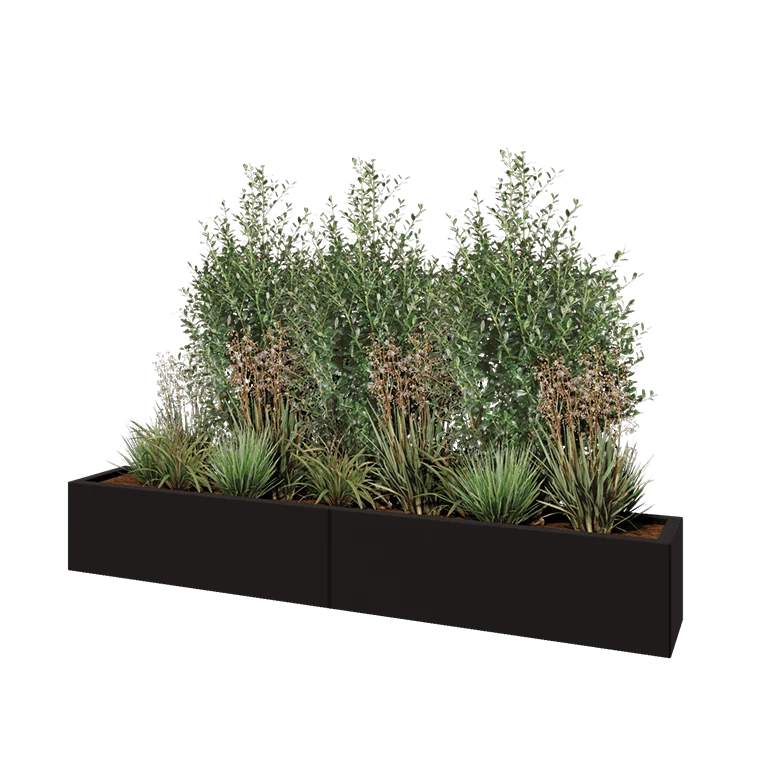 Teräksinen istutuslaatikko XXL - Suorakaiteen muotoiset - 200 x 30 x 30 cm - RAL9005 matta (musta) - Ilman pohjalevyä